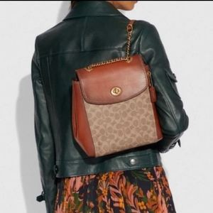 Coach parker backpack tan rust brass leather signature canvas